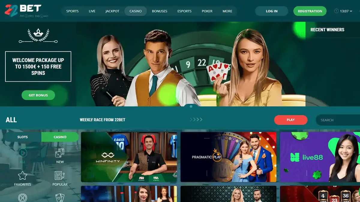 22Bet Casino Lobby mit Live Casino und Spielekategorien