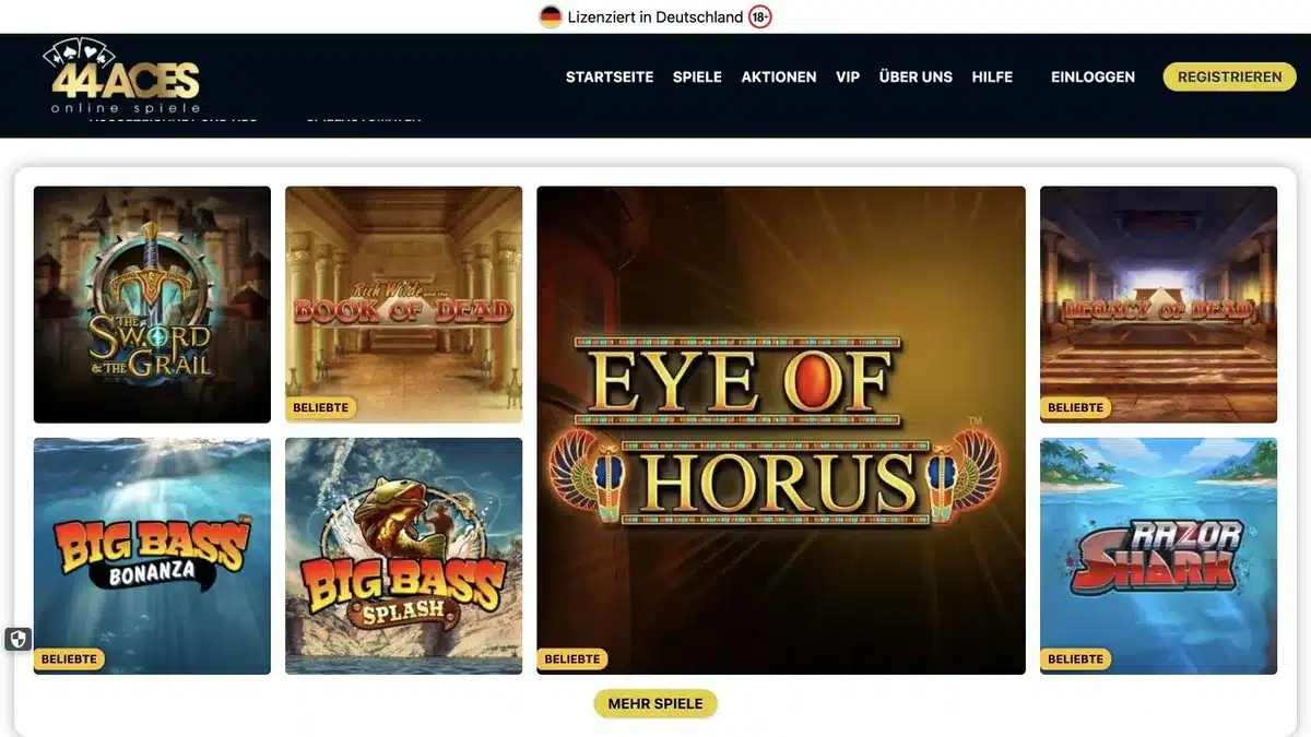 44 Aces deutsche Startseite mit Spielautomaten
