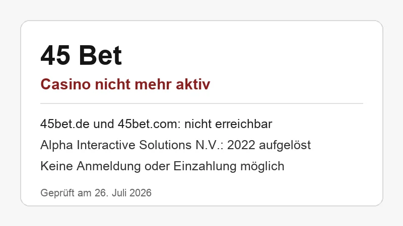 45 Bet Domainstatus: Domains nicht erreichbar und Betreiber 2022 aufgelöst