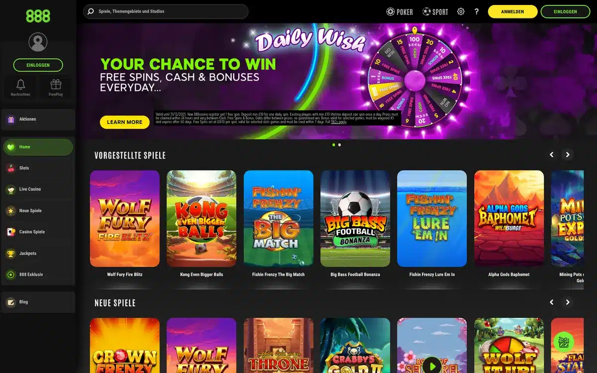 Aktuelle 888 Slots Startseite mit Casino-Lobby