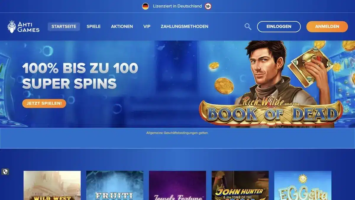 Ahti Games deutsche Startseite mit Lizenzhinweis, Super Spins und Spielautomaten