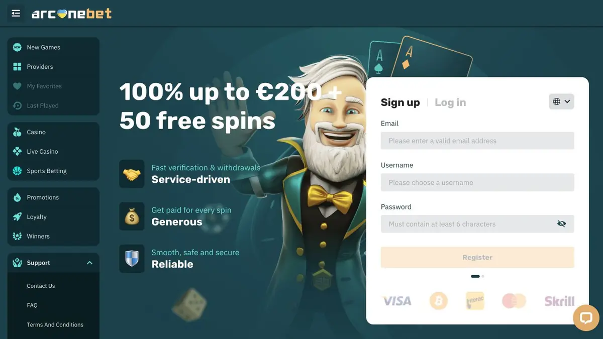 Arcane Bet Casino Startseite im Juli 2026