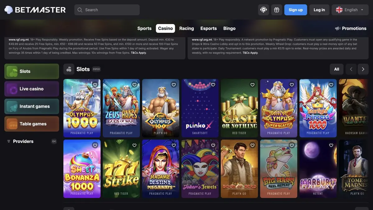 Betmaster Casino Lobby mit Slots im Juli 2026