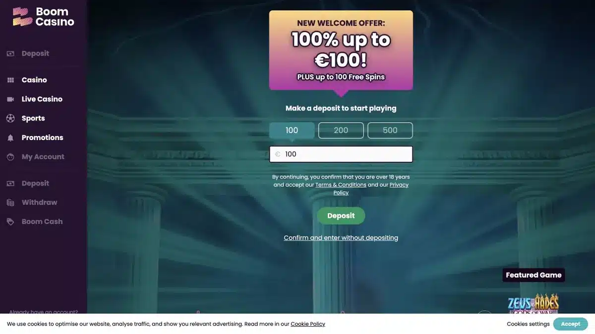 Boom Casino Oberfläche mit Willkommensangebot und Spielnavigation