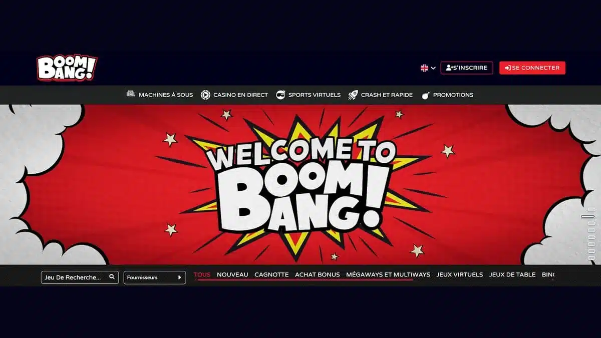 BoomBang Casino Startseite mit rotem Comic-Design und Spielnavigation