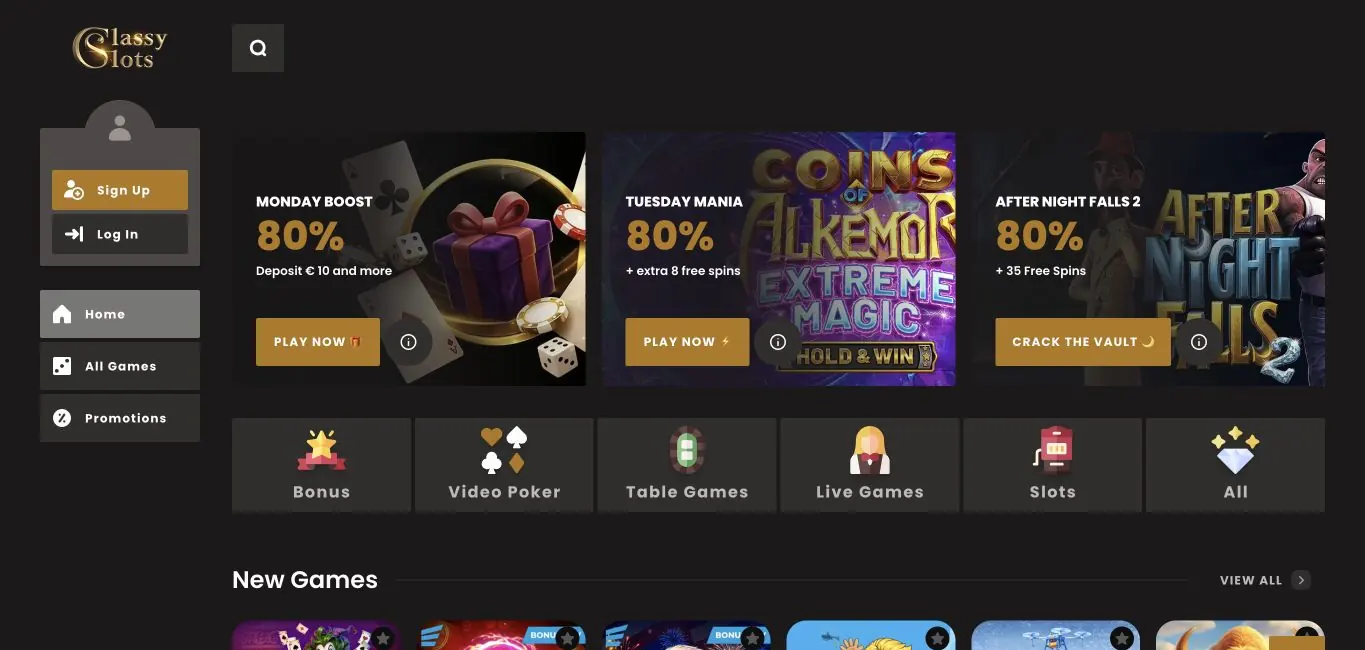 Aktuelles Ziel der früheren Cash Spins Casino Domain mit ClassySlots Oberfläche