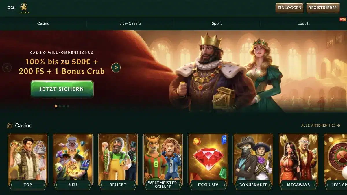 Casinia Oberfläche mit deutschem Bonus und Casino-Navigation