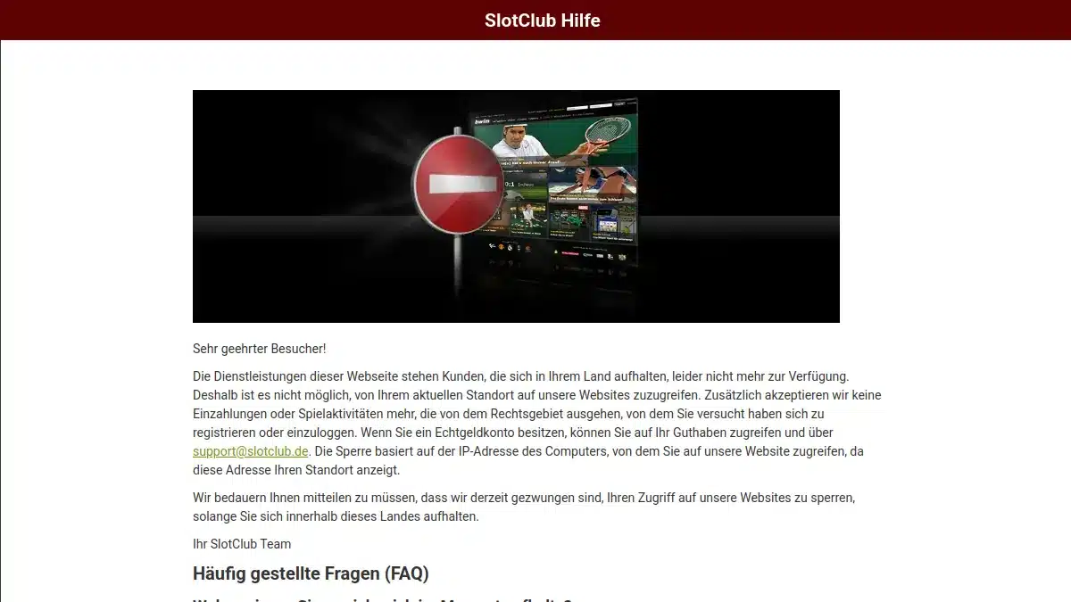 SlotClub Hilfeseite mit Hinweis auf eingestellten Betrieb als Casino Club Nachfolger im Juli 2026