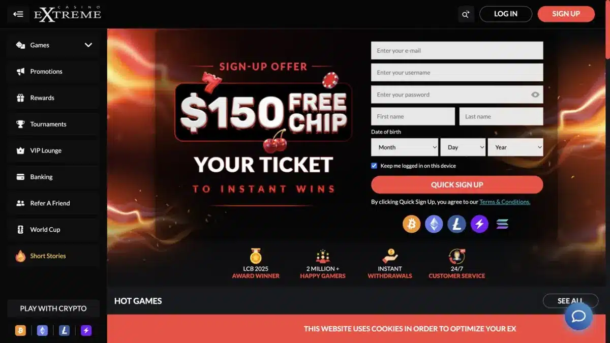 Casino Extreme Oberfläche mit Spielnavigation und Registrierung