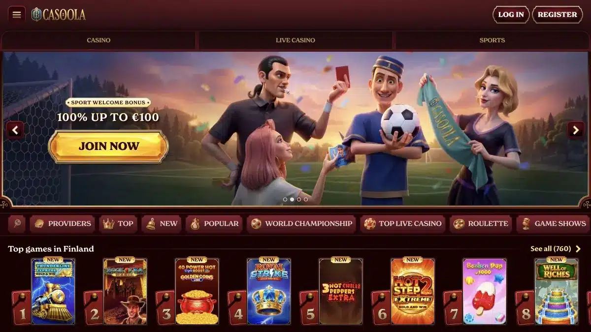 Casoola Oberfläche mit Casino-Bonus und Spielnavigation