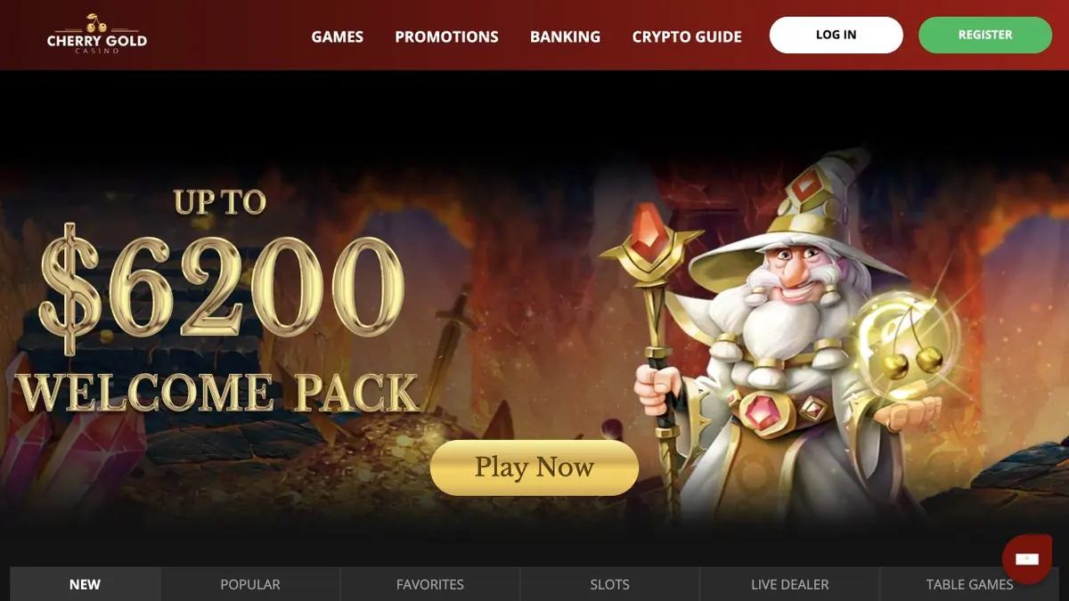 Cherry Gold Casino Startseite mit Spielmenü und Willkommensangebot im Juli 2026