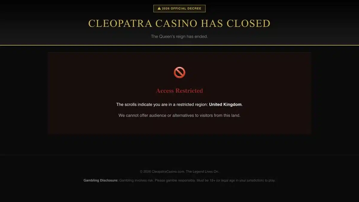 Offizielle Cleopatra Casino Schließungsseite im Juli 2026