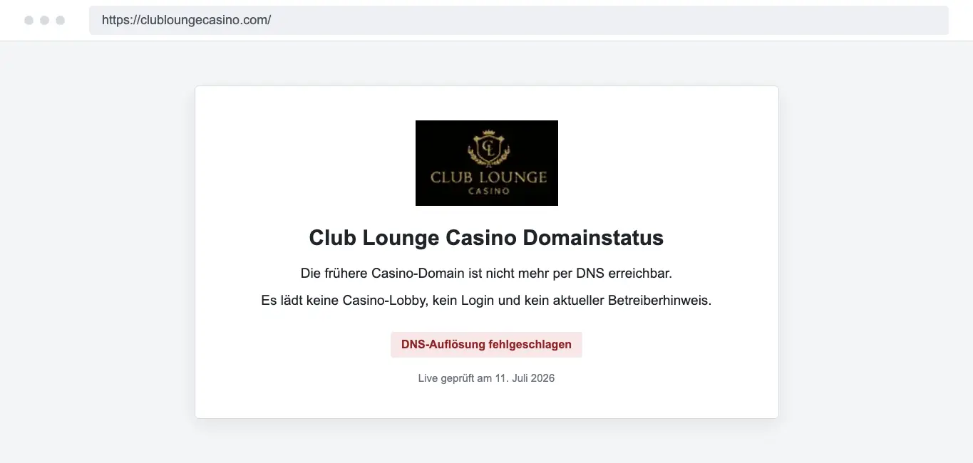 Club Lounge Casino Domainstatus mit fehlgeschlagener DNS-Auflösung
