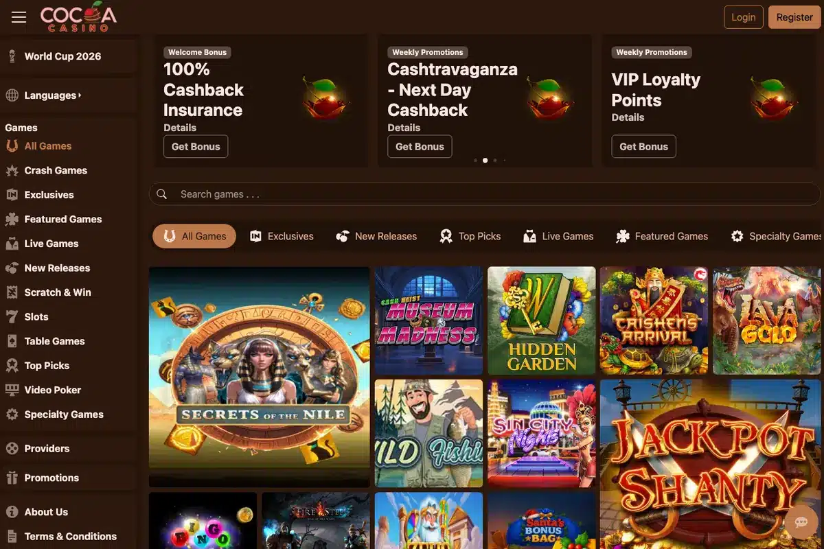 Aktuelle Cocoa Casino Oberfläche mit Spielnavigation und Lobby