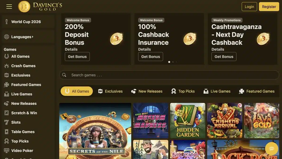 DaVincis Gold Casino Startseite im Juli 2026