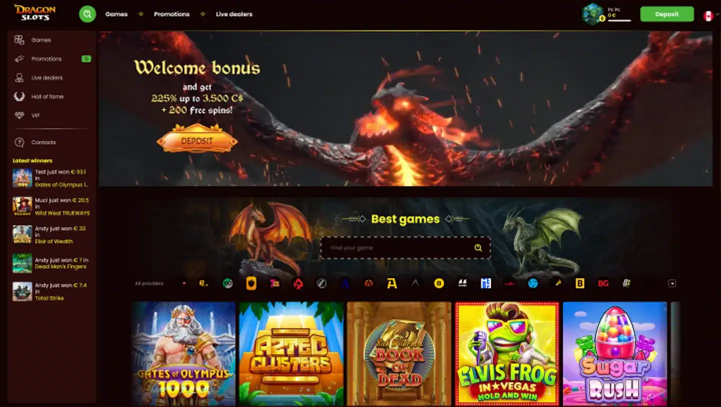 Dragon Slots Spielelobby mit Bonusbanner und Spielauswahl