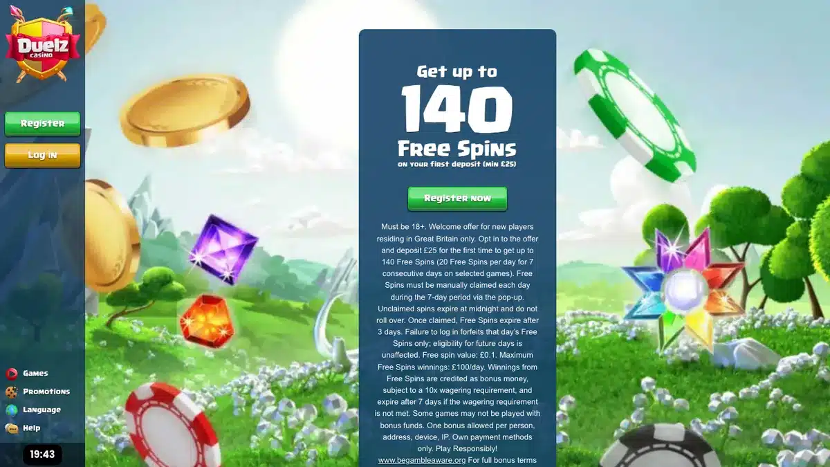 Aktuelle Duelz Casino Startseite mit britischem Bonus im Juli 2026