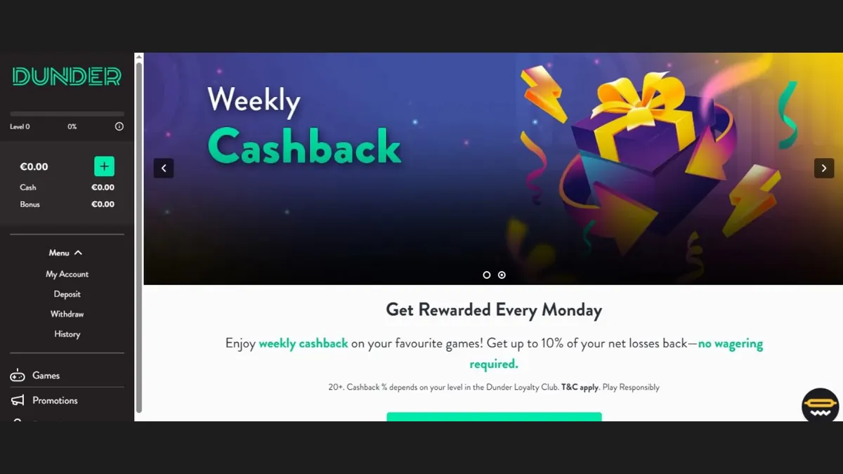 Historische Dunder Casino Lobby mit Wochen-Cashback
