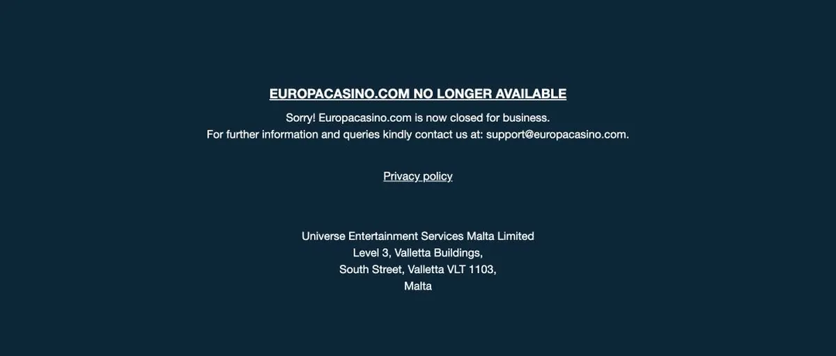 Schließungshinweis auf der originalen Europa Casino Website