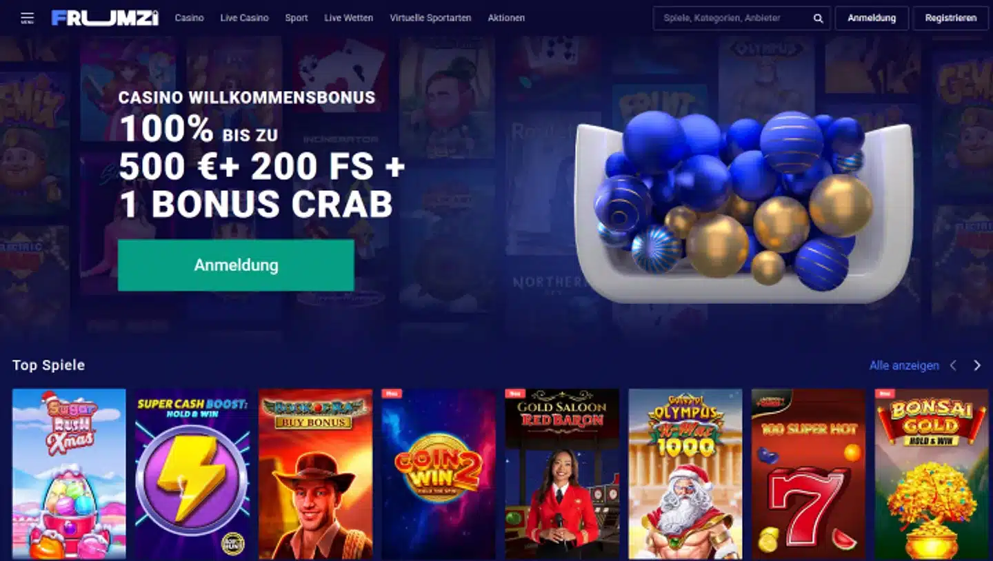 Frumzi Casino Spielelobby mit deutschem Bonusbanner und Top-Spielen