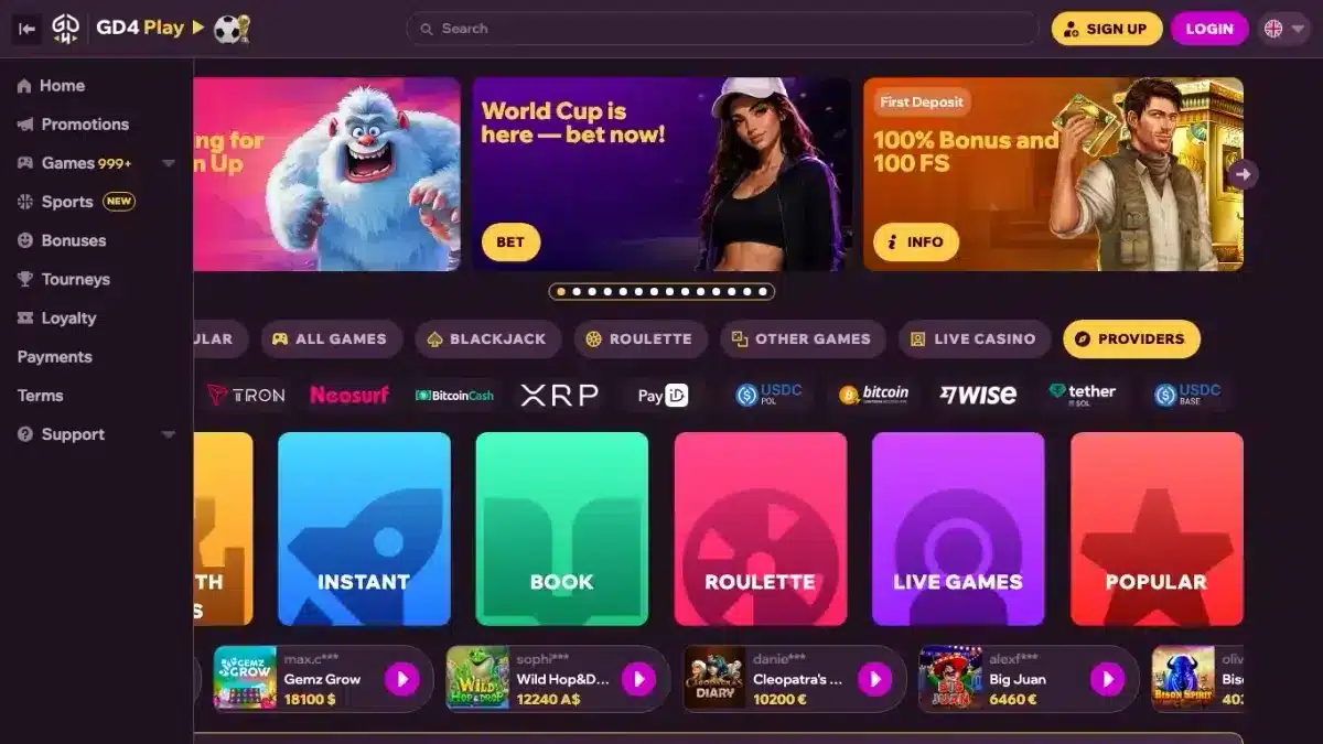 GDF Play Casino Lobby mit Spielen und Sportwetten
