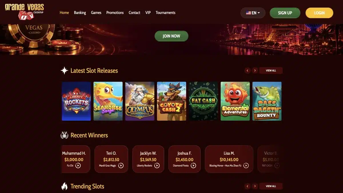 Grande Vegas Casino Startseite im Juli 2026