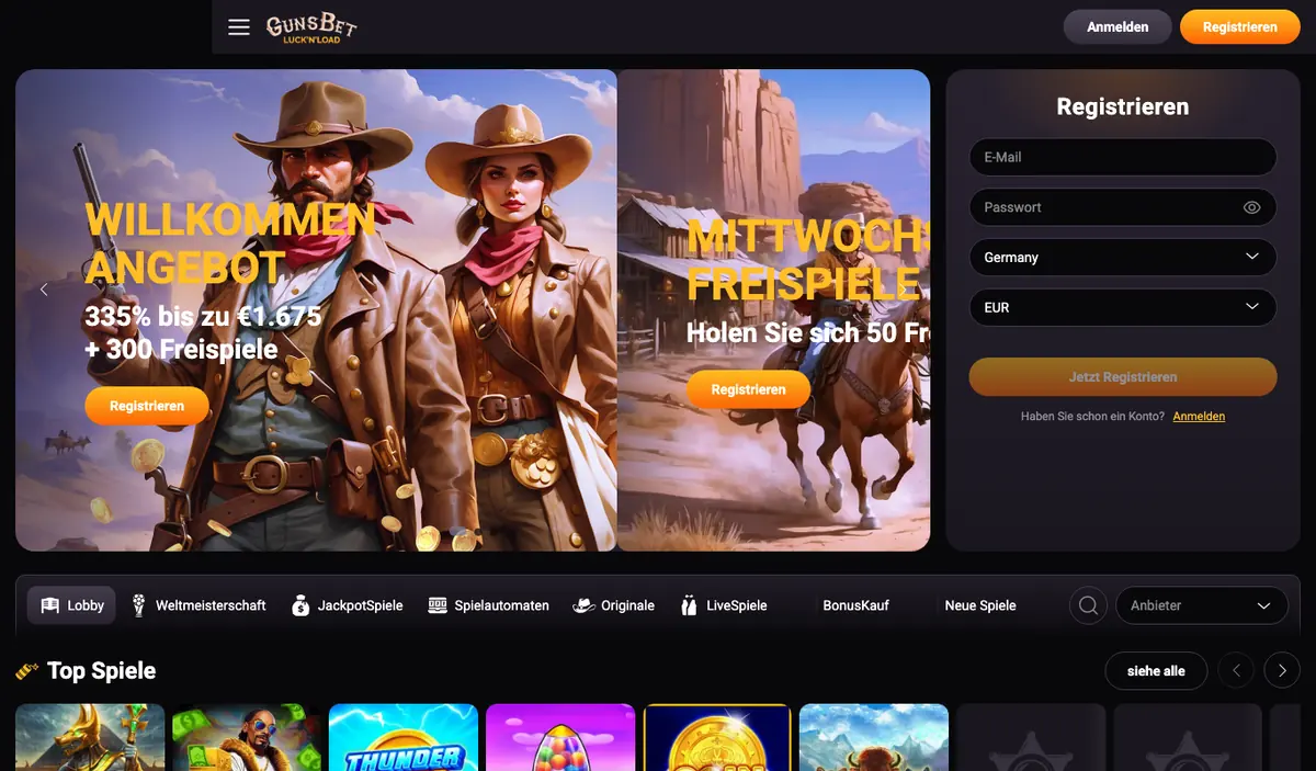Aktuelle deutsche Guns Bet Casino Oberfläche mit Euro-Angebot und Spielnavigation