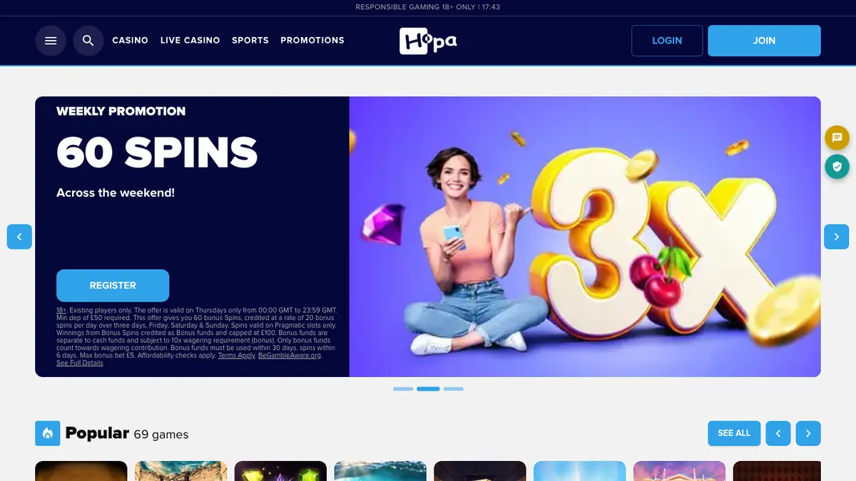 Hopa Casino Startseite mit aktueller Spielelobby