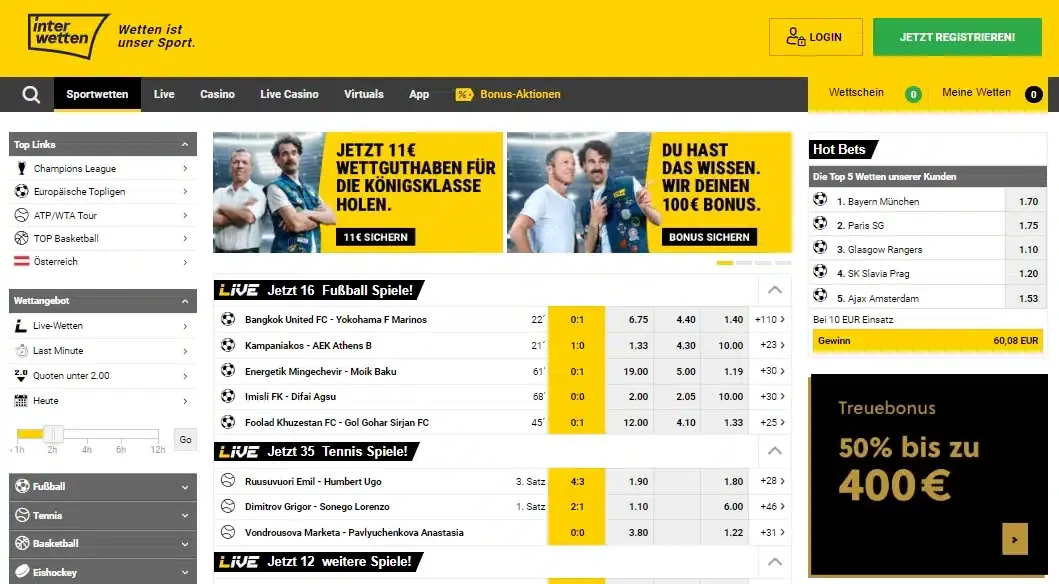 Interwetten Sportwetten-Oberfläche mit Navigation und Quoten
