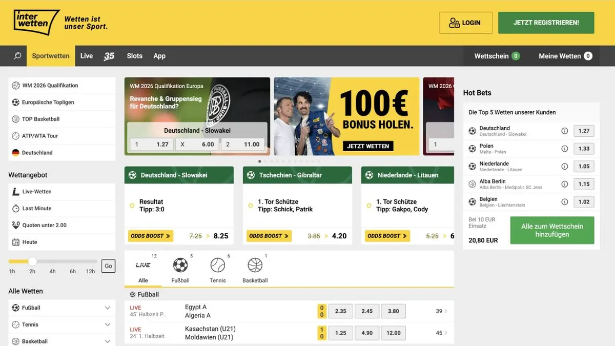 Interwetten Startseite 2026 mit Sportwetten, Bonus und Live-Angebot