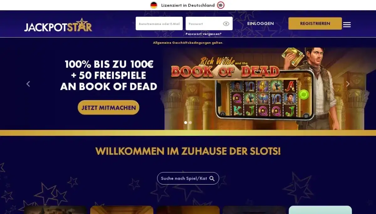 JackpotStar Startseite mit Book of Dead Angebot