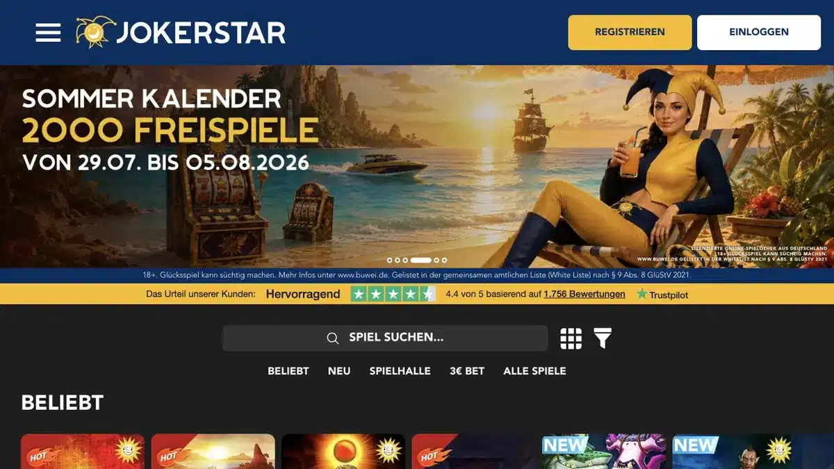 Jokerstar Startseite mit Sommerkalender und Spielauswahl