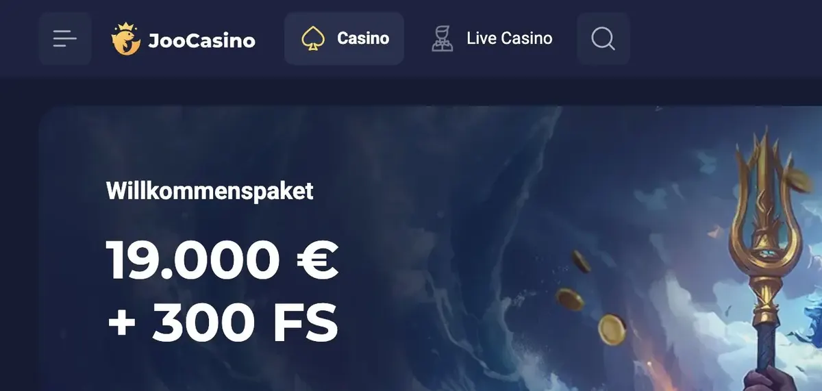 Joo Casino Oberfläche mit deutscher Navigation und Willkommenspaket