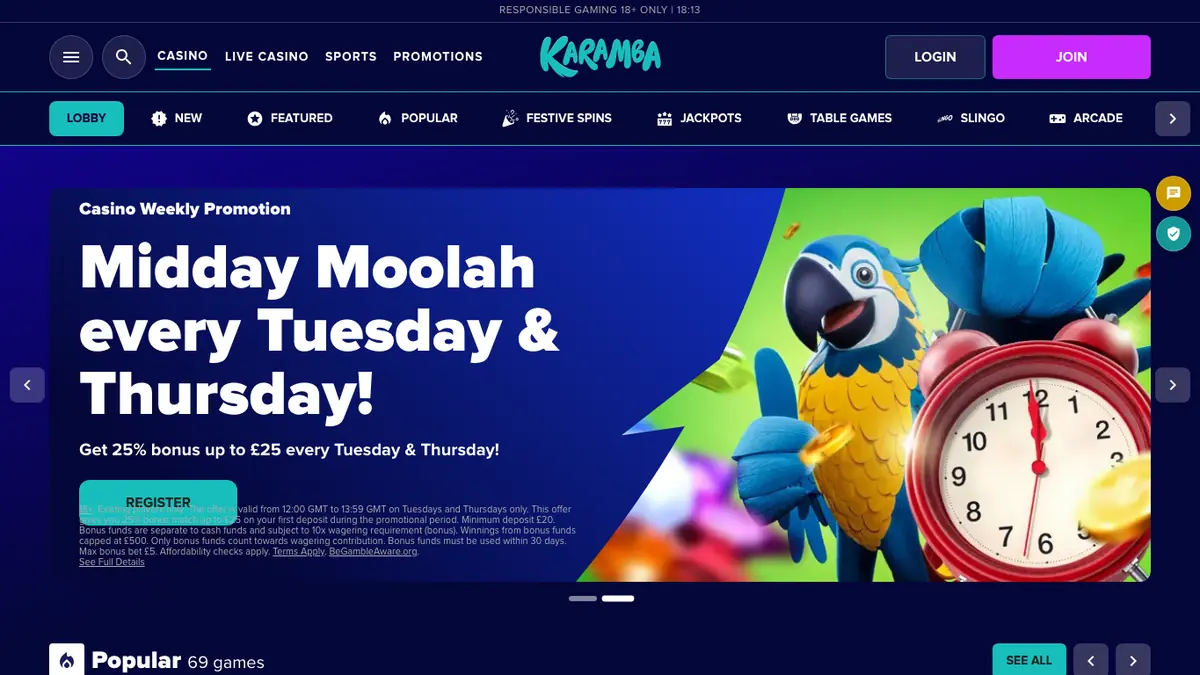 Karamba Casino Startseite mit aktueller Spielelobby