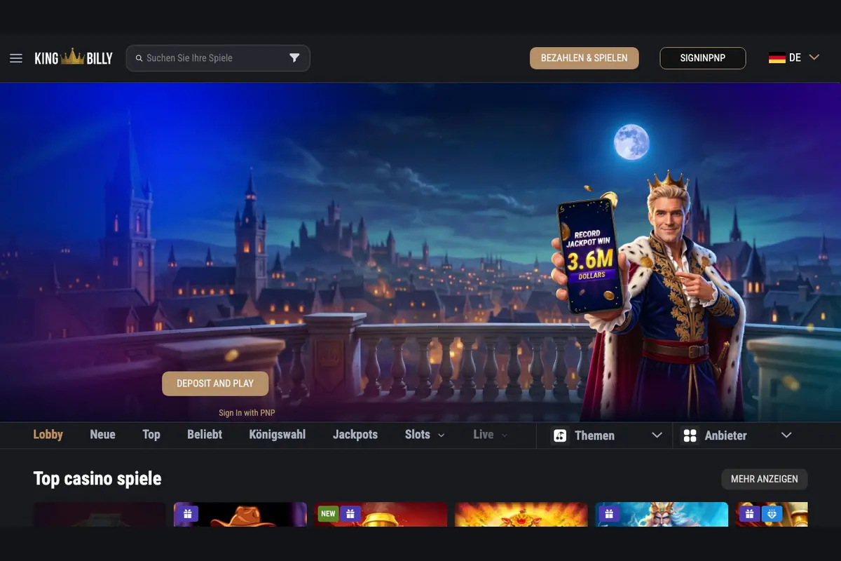 Aktuelle deutsche KingBilly Casino Oberfläche mit Lobby und Spielen