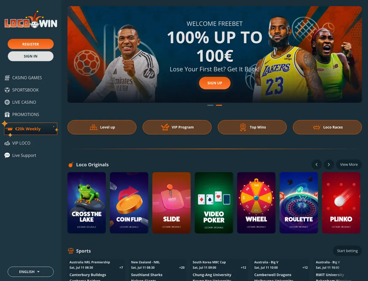 Loco Win Casino Lobby mit Sportwetten und Spielen