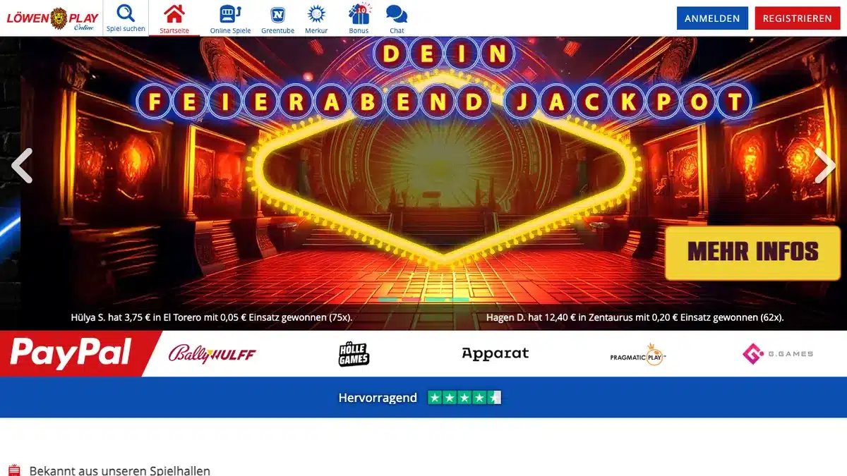 LÖWEN PLAY Startseite mit Navigation und aktuellem Jackpot-Motiv