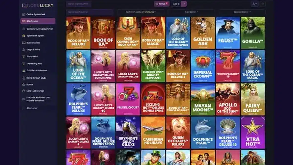LordLucky Spieloberfläche mit Slot-Lobby und Navigation
