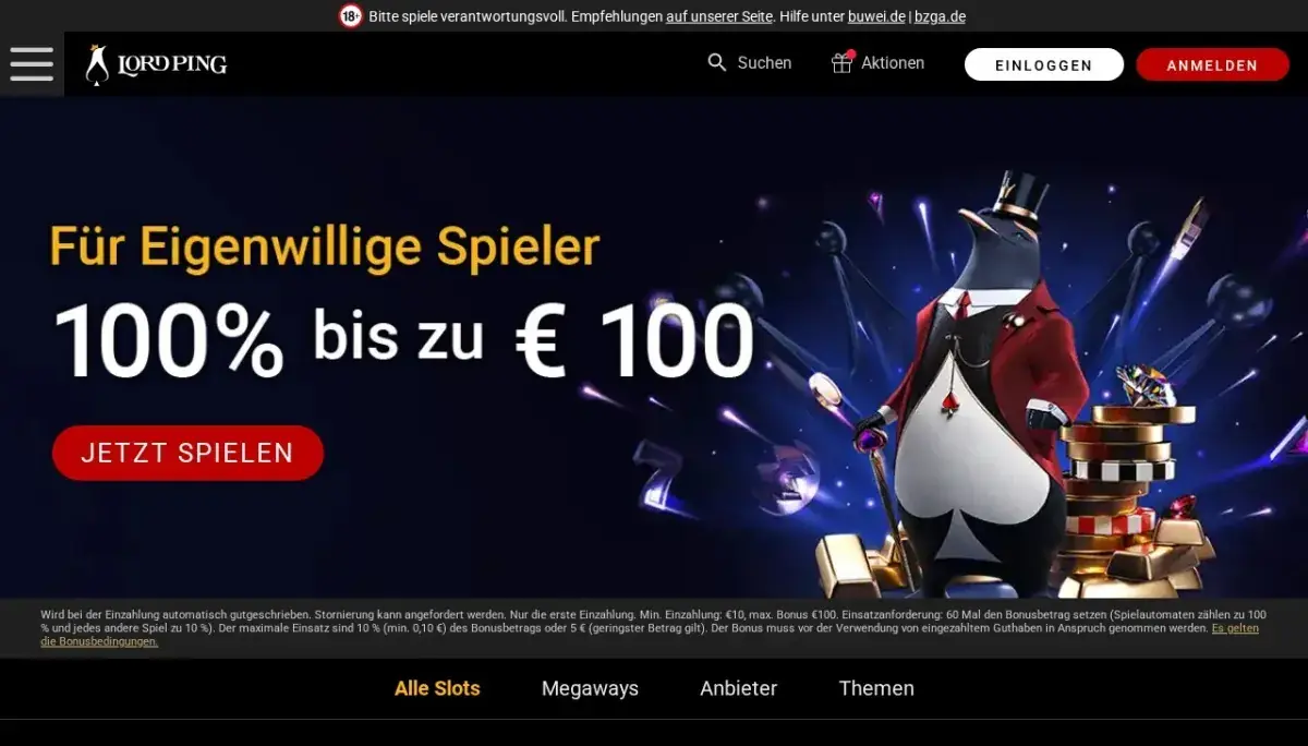 Lord Ping Startseite mit 100-Euro-Angebot