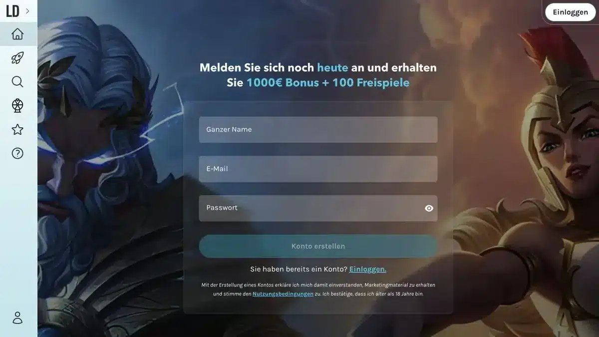 LuckyDays Casino Lobby mit Anmeldung, Bonus und Navigation