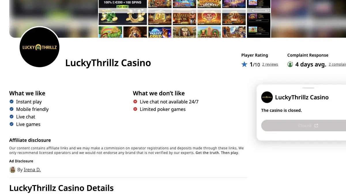 Lucky Thrillz Casino als geschlossen gekennzeichnet