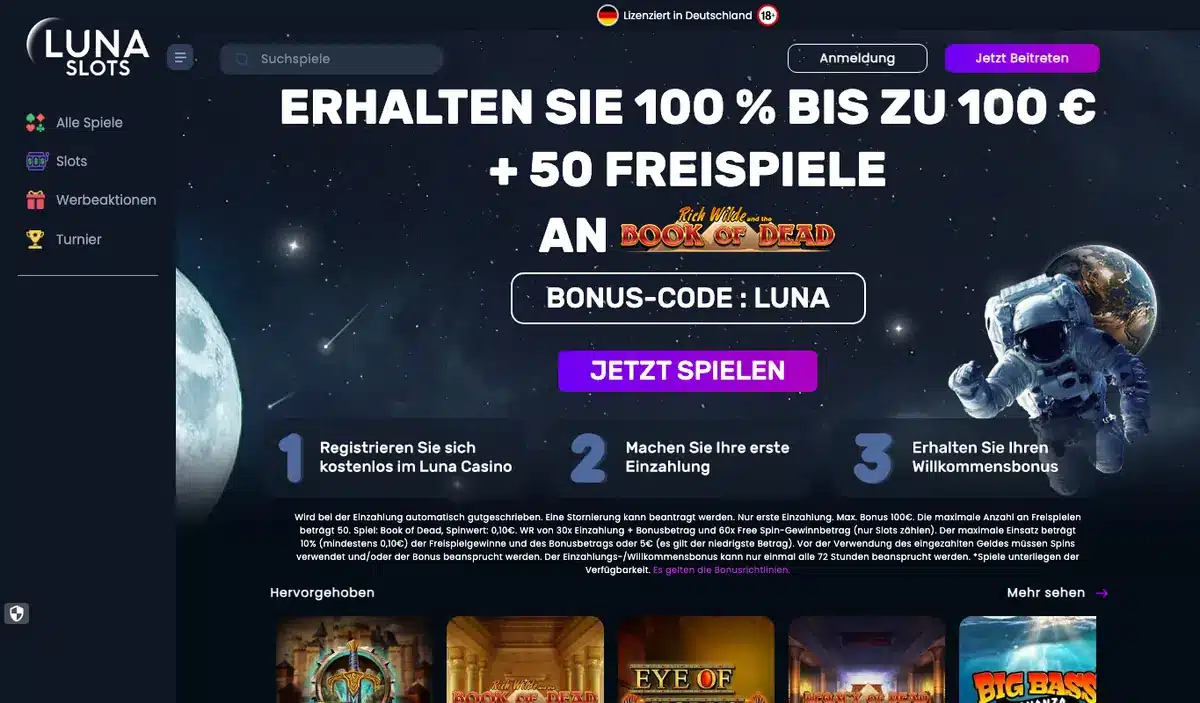 Aktuelle deutsche Luna Slots Oberfläche mit Euro-Bonus und Spielauswahl