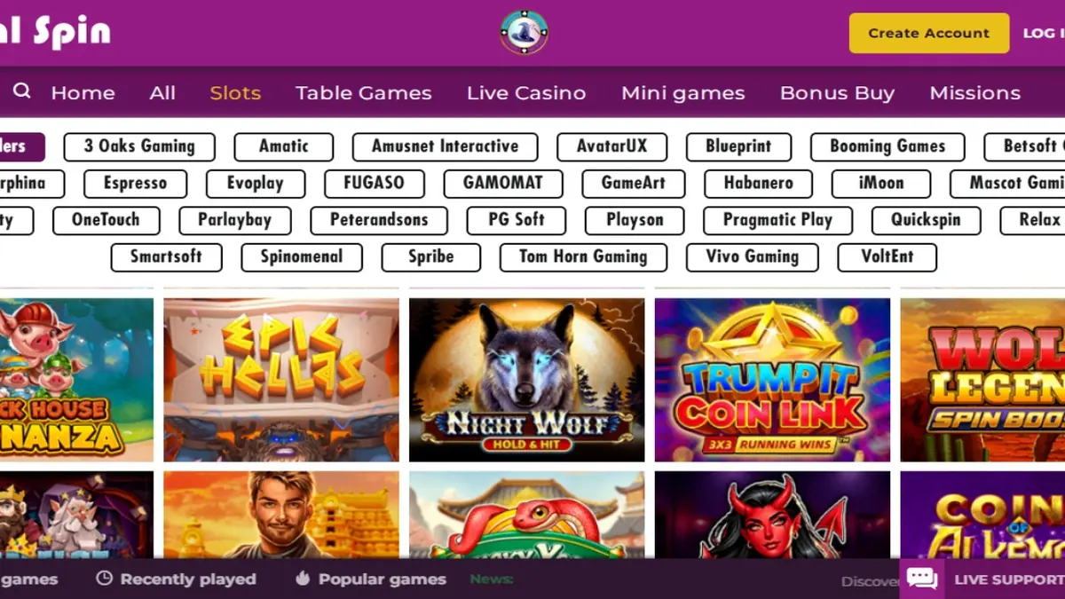 Historische Magical Spin Spielelobby mit Spielkategorien