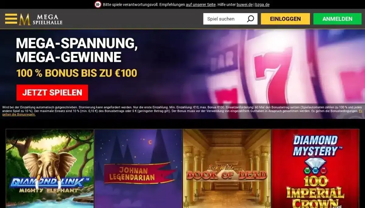 MegaSpielhalle Startseite mit 100-Euro-Angebot