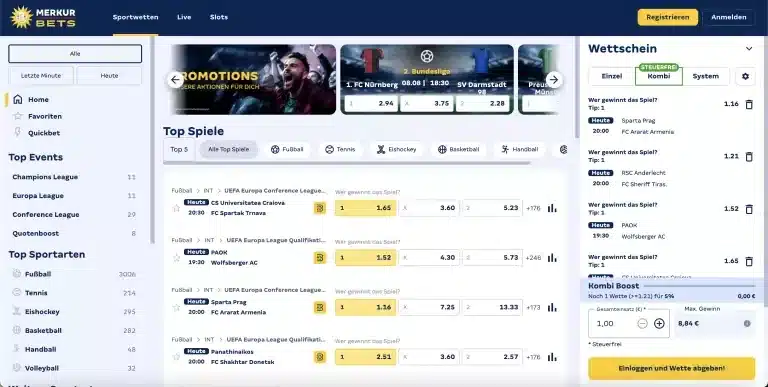 MerkurBets Startseite mit Sportnavigation, Quoten und Wettschein