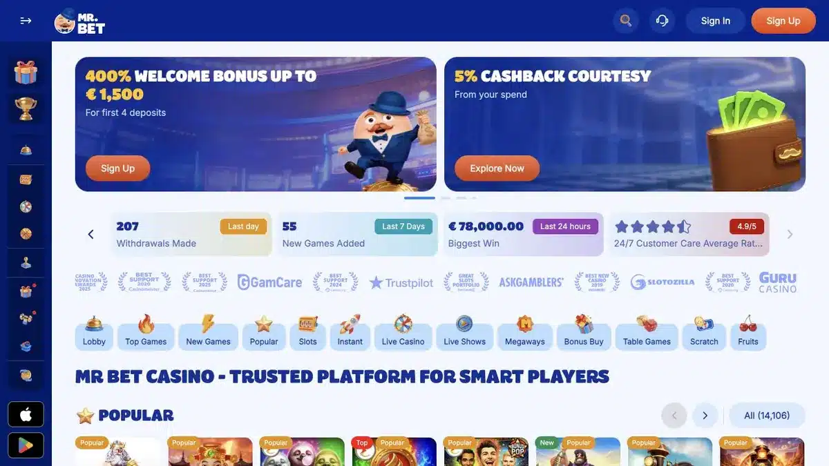 Mr Bet Startseite mit 400-Prozent-Angebot, Cashback, Navigation und Spielkategorien