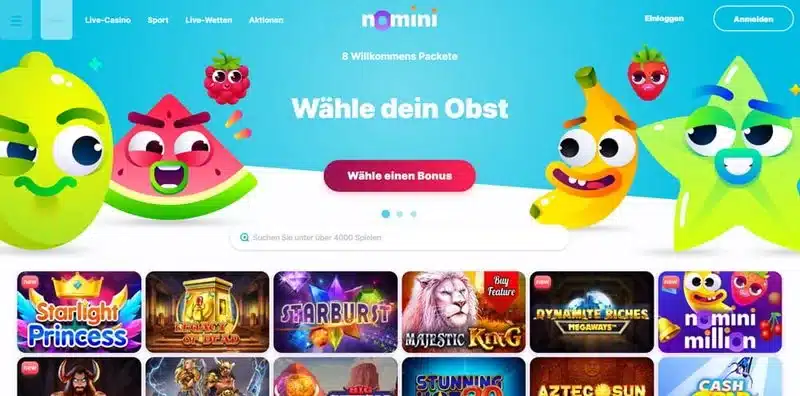 Aktuelle Nomini Casino Lobby mit Spielen und Navigation