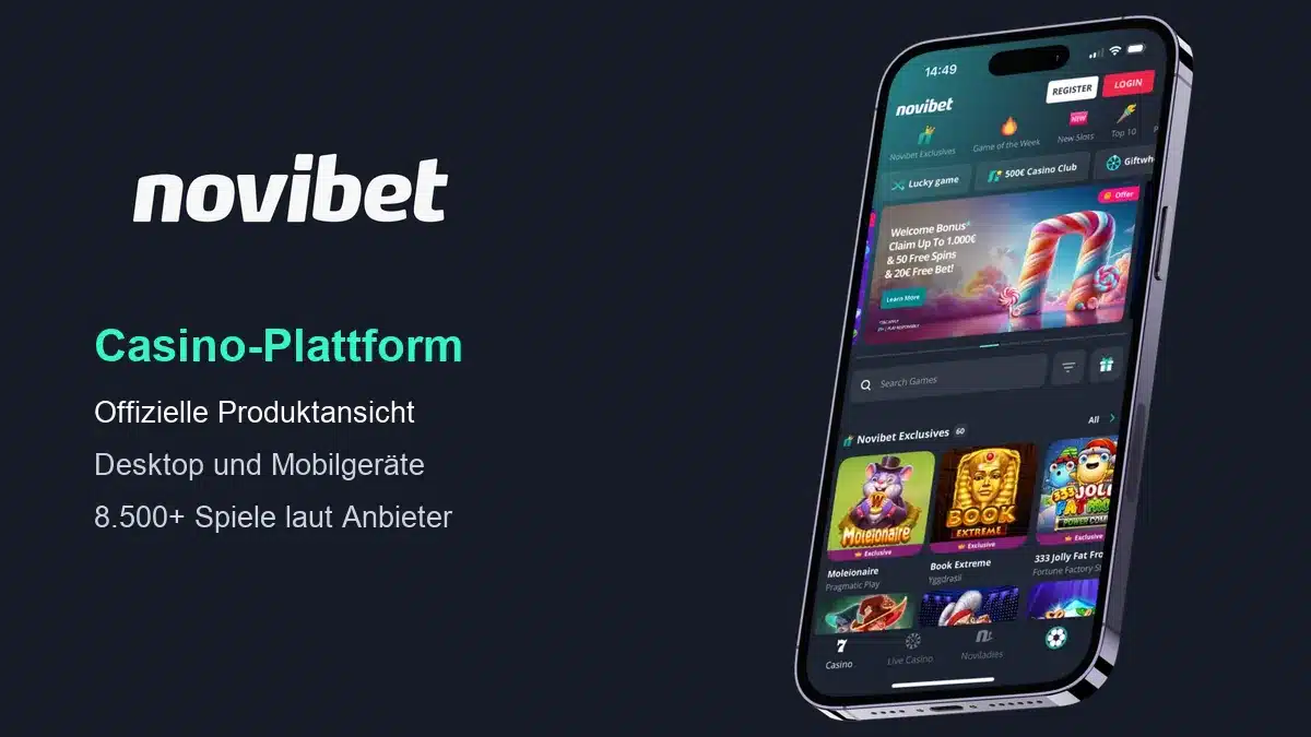 Aktuelle offizielle Novibet Casino Produktansicht auf einem Mobilgerät