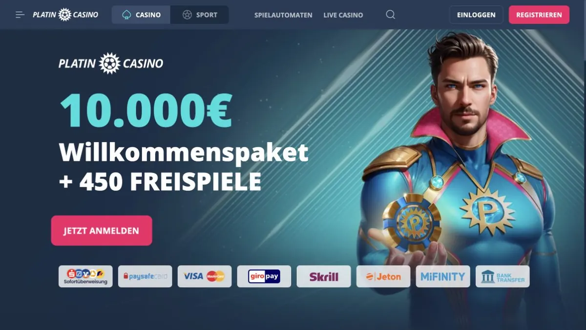 Platin Casino Startseite mit Navigation, Willkommenspaket und Zahlungsmethoden