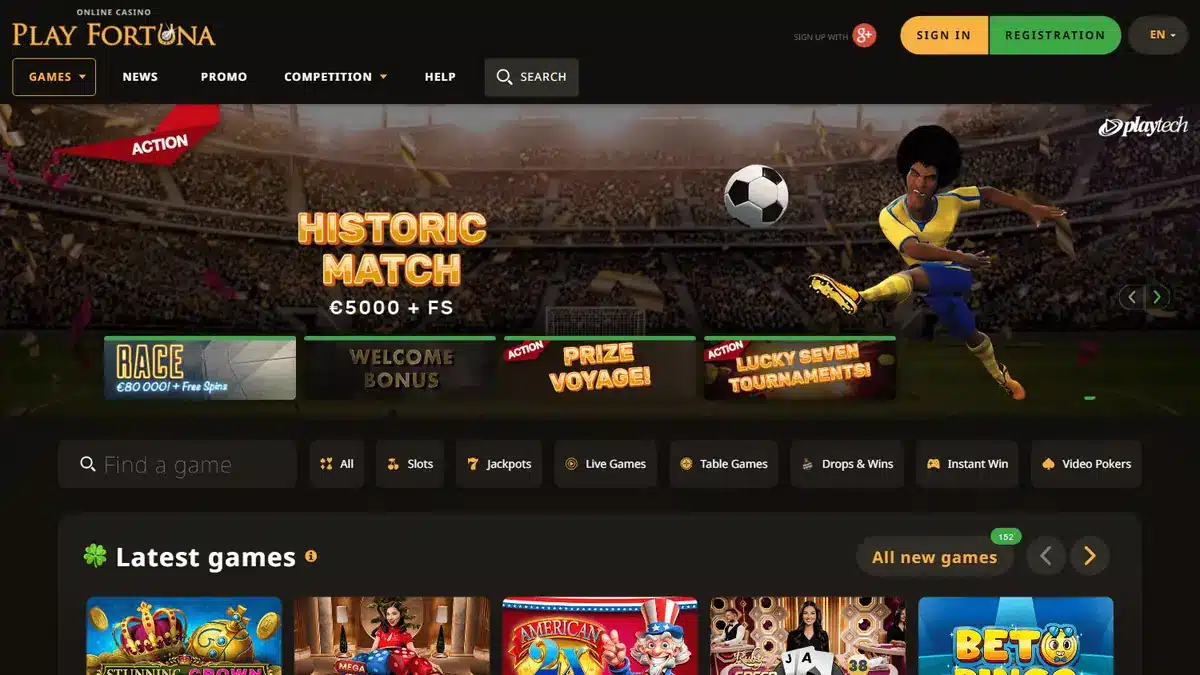 Play Fortuna Casino Oberfläche mit Navigation und Spieleauswahl